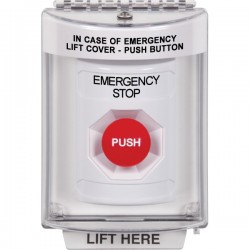 SS2334ES-EN STI White Indoor/Outdoor Flush Momentary Stopper Station with EMERGENCY STOP Label English