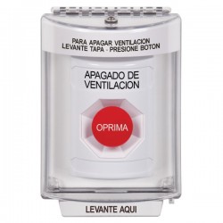 SS2334HV-ES STI White Indoor/Outdoor Flush Momentary Stopper Station with HVAC SHUT DOWN Label Spanish