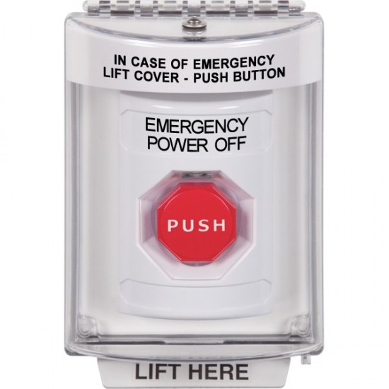 SS2335PO-EN STI White Indoor/Outdoor Flush Momentary (Illuminated) Stopper Station with EMERGENCY POWER OFF Label English