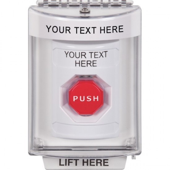 SS2335ZA-EN STI White Indoor/Outdoor Flush Momentary Stopper Station w/ Custom Text Label