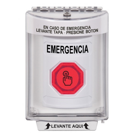 SS2336EM-ES STI White Indoor/Outdoor Flush Momentary (Illuminated) with Red Lens Stopper Station with EMERGENCY Label Spanish