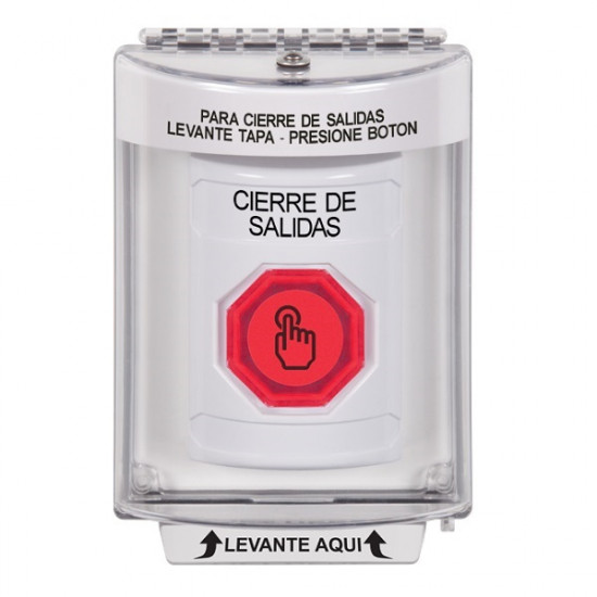 SS2336LD-ES STI White Indoor/Outdoor Flush Momentary (Illuminated) with Red Lens Stopper Station with LOCKDOWN Label Spanish