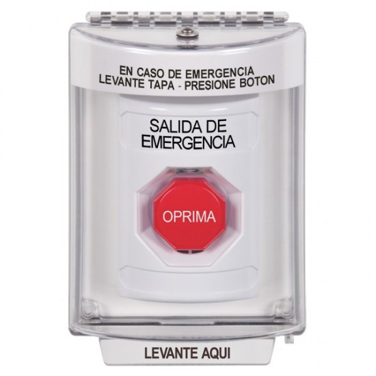 SS2338EX-ES STI White Indoor/Outdoor Flush Pneumatic (Illuminated) Stopper Station with EMERGENCY EXIT Label Spanish