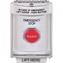 SS2339ES-EN STI White Indoor/Outdoor Flush Turn-to-Reset (Illuminated) Stopper Station with EMERGENCY STOP Label English