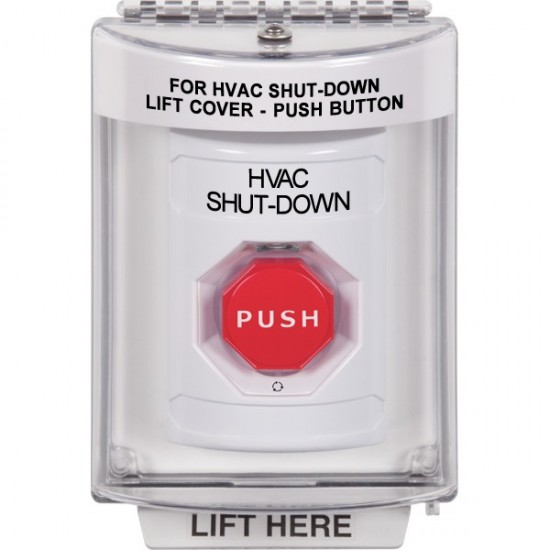 SS2339HV-ES STI White Indoor/Outdoor Flush Turn-to-Reset (Illuminated) Stopper Station with HVAC SHUT DOWN Label Spanish