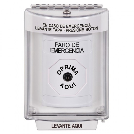 SS2340ES-ES STI White Indoor/Outdoor Flush w/ Horn Key-to-Reset Stopper Station with EMERGENCY STOP Label Spanish