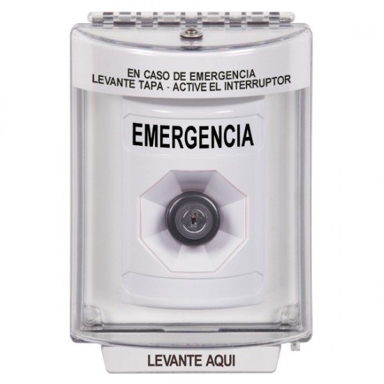 SS2343EM-ES STI White Indoor/Outdoor Flush w/ Horn Key-to-Activate Stopper Station with EMERGENCY Label Spanish