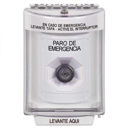SS2343ES-ES STI White Indoor/Outdoor Flush w/ Horn Key-to-Activate Stopper Station with EMERGENCY STOP Label Spanish