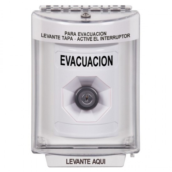 SS2343EV-ES STI White Indoor/Outdoor Flush w/ Horn Key-to-Activate Stopper Station with EVACUATION Label Spanish