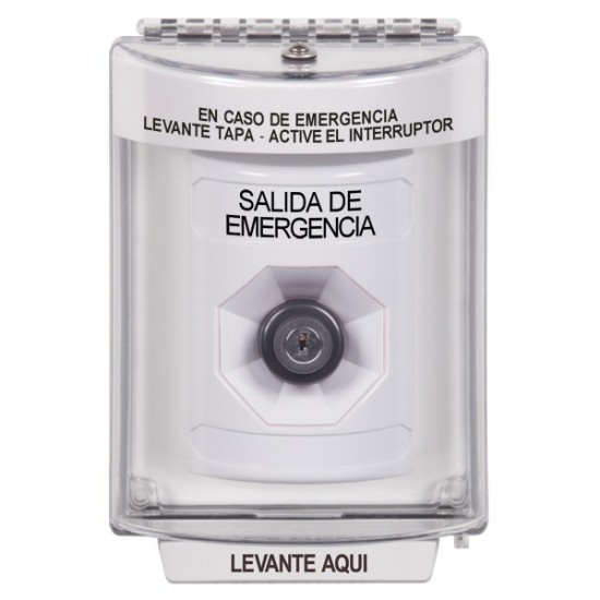 SS2343EX-ES STI White Indoor/Outdoor Flush w/ Horn Key-to-Activate Stopper Station with EMERGENCY EXIT Label Spanish