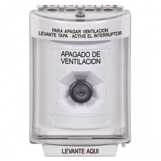 SS2343HV-ES STI White Indoor/Outdoor Flush w/ Horn Key-to-Activate Stopper Station with HVAC SHUT DOWN Label Spanish