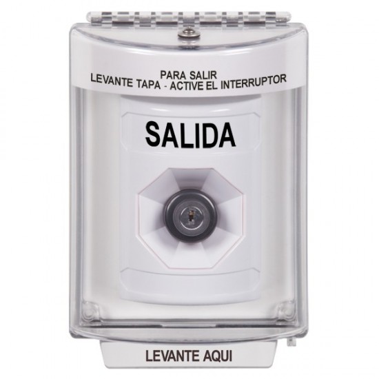 SS2343XT-ES STI White Indoor/Outdoor Flush w/ Horn Key-to-Activate Stopper Station with EXIT Label Spanish