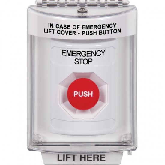 SS2344ES-EN STI White Indoor/Outdoor Flush w/ Horn Momentary Stopper Station with EMERGENCY STOP Label English