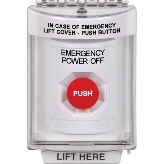 SS2344PO-EN STI White Indoor/Outdoor Flush w/ Horn Momentary Stopper Station with EMERGENCY POWER OFF Label English