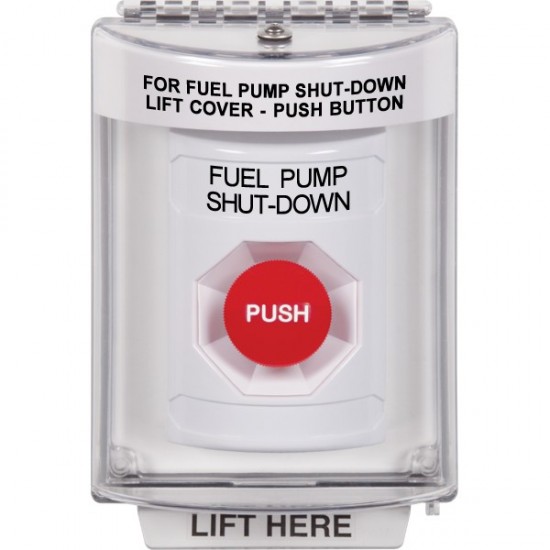 SS2344PS-EN STI White Indoor/Outdoor Flush w/ Horn Momentary Stopper Station with FUEL PUMP SHUT DOWN Label English