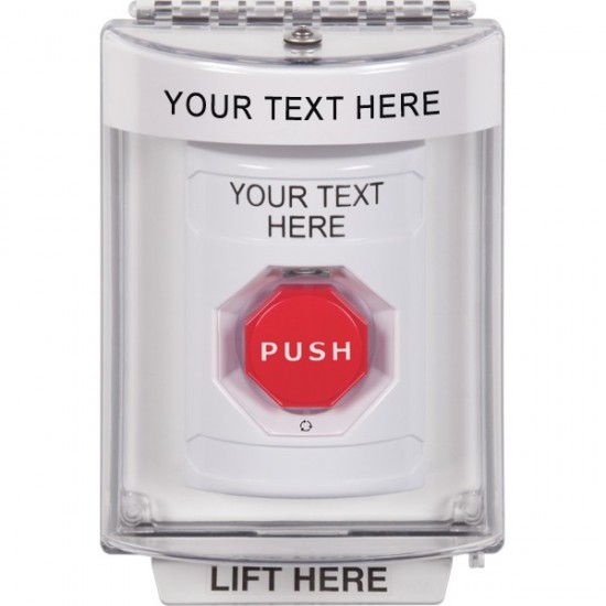 SS2349ZA-EN STI White Indoor/Outdoor Flush w/ Horn Turn-to-Reset Stopper Station w/ Custom Text Label