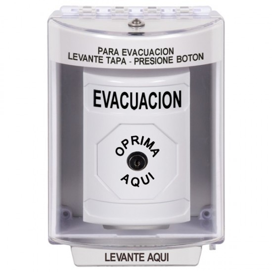 SS2370EV-ES STI White Indoor/Outdoor Surface Key-to-Reset Stopper Station with EVACUATION Label Spanish