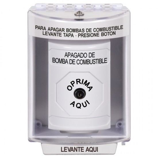 SS2370PS-ES STI White Indoor/Outdoor Surface Key-to-Reset Stopper Station with FUEL PUMP SHUT DOWN Label Spanish