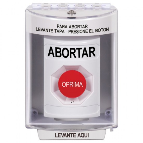 SS2371AB-ES STI White Indoor/Outdoor Surface Turn-to-Reset Stopper Station with ABORT Label Spanish