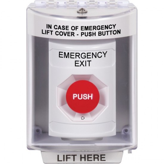 SS2371EX-EN STI White Indoor/Outdoor Surface Turn-to-Reset Stopper Station with EMERGENCY EXIT Label English