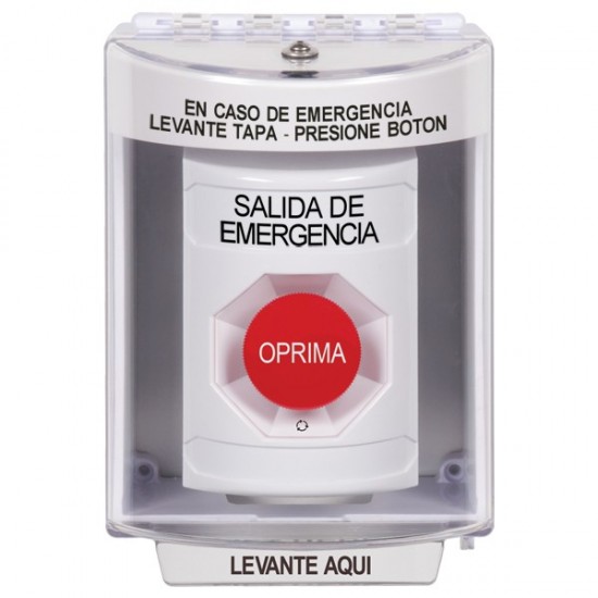 SS2371EX-ES STI White Indoor/Outdoor Surface Turn-to-Reset Stopper Station with EMERGENCY EXIT Label Spanish
