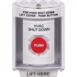 SS2371HV-EN STI White Indoor/Outdoor Surface Turn-to-Reset Stopper Station with HVAC SHUT DOWN Label English