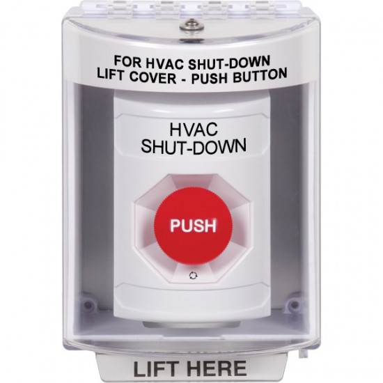 SS2371HV-EN STI White Indoor/Outdoor Surface Turn-to-Reset Stopper Station with HVAC SHUT DOWN Label English