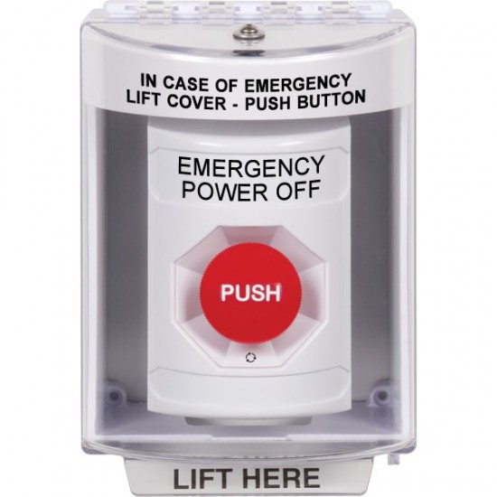 SS2371PO-EN STI White Indoor/Outdoor Surface Turn-to-Reset Stopper Station with EMERGENCY POWER OFF Label English