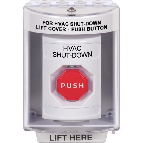 SS2372HV-EN STI White Indoor/Outdoor Surface Key-to-Reset (Illuminated) Stopper Station with HVAC SHUT DOWN Label English