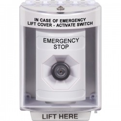 SS2373ES-EN STI White Indoor/Outdoor Surface Key-to-Activate Stopper Station with EMERGENCY STOP Label English