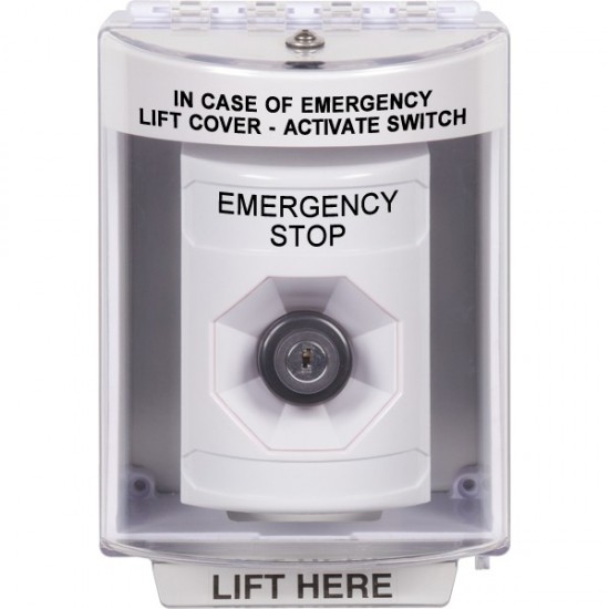 SS2373ES-EN STI White Indoor/Outdoor Surface Key-to-Activate Stopper Station with EMERGENCY STOP Label English