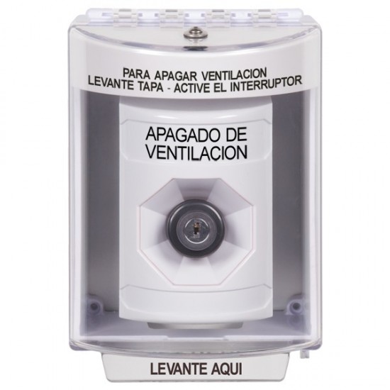 SS2373HV-ES STI White Indoor/Outdoor Surface Key-to-Activate Stopper Station with HVAC SHUT DOWN Label Spanish