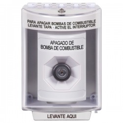 SS2373PS-ES STI White Indoor/Outdoor Surface Key-to-Activate Stopper Station with FUEL PUMP SHUT DOWN Label Spanish