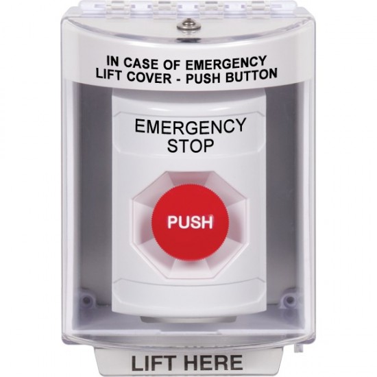 SS2374ES-EN STI White Indoor/Outdoor Surface Momentary Stopper Station with EMERGENCY STOP Label English