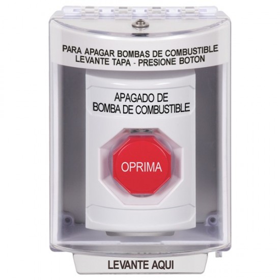SS2375PS-ES STI White Indoor/Outdoor Surface Momentary (Illuminated) Stopper Station with FUEL PUMP SHUT DOWN Label Spanish