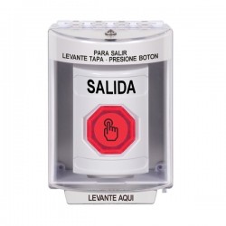 SS2377XT-ES STI White Indoor/Outdoor Surface Weather Resistant Momentary Stopper Station w/ EXIT Spanish