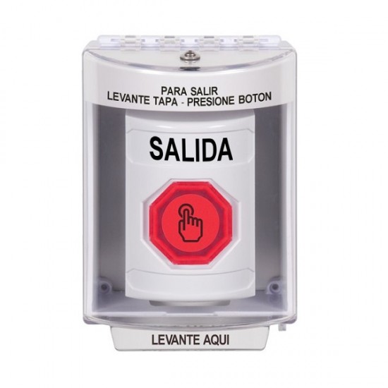 SS2377XT-ES STI White Indoor/Outdoor Surface Weather Resistant Momentary Stopper Station w/ EXIT Spanish