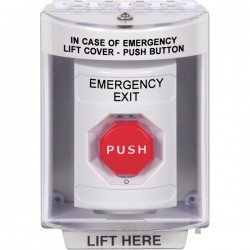 SS2379EX-EN STI White Indoor/Outdoor Surface Turn-to-Reset (Illuminated) Stopper Station with EMERGENCY EXIT Label English
