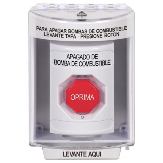SS2379PS-ES STI White Indoor/Outdoor Surface Turn-to-Reset (Illuminated) Stopper Station with FUEL PUMP SHUT DOWN Label Spanish
