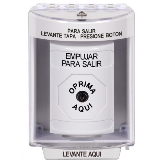 SS2380PX-ES STI White Indoor/Outdoor Surface w/ Horn Key-to-Reset Stopper Station with PUSH TO EXIT Label Spanish