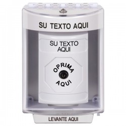 SS2380ZA-ES STI White Indoor/Outdoor Surface w/ Horn Key-to-Reset Stopper Station with Non-Returnable Custom Text Label Spanish