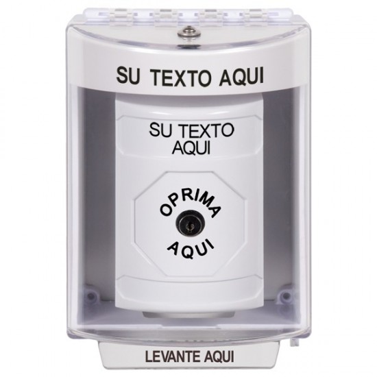 SS2380ZA-ES STI White Indoor/Outdoor Surface w/ Horn Key-to-Reset Stopper Station with Non-Returnable Custom Text Label Spanish