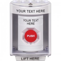 SS2381ZA-EN STI White Indoor/Outdoor Surface w/ Horn Turn-to-Reset Stopper Station w/ Custom Text Label
