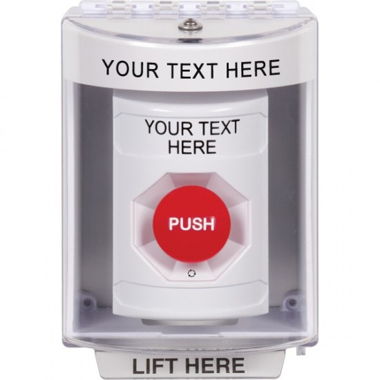 SS2381ZA-EN STI White Indoor/Outdoor Surface w/ Horn Turn-to-Reset Stopper Station w/ Custom Text Label