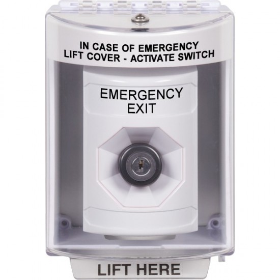 SS2383EX-EN STI White Indoor/Outdoor Surface w/ Horn Key-to-Activate Stopper Station with EMERGENCY EXIT Label English