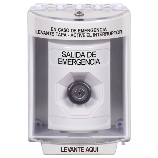 SS2383EX-ES STI White Indoor/Outdoor Surface w/ Horn Key-to-Activate Stopper Station with EMERGENCY EXIT Label Spanish