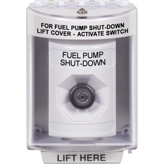 SS2383PS-EN STI White Indoor/Outdoor Surface w/ Horn Key-to-Activate Stopper Station with FUEL PUMP SHUT DOWN Label English