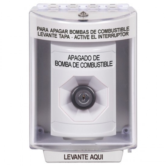 SS2383PS-ES STI White Indoor/Outdoor Surface w/ Horn Key-to-Activate Stopper Station with FUEL PUMP SHUT DOWN Label Spanish