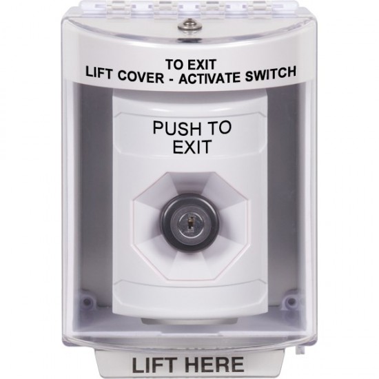 SS2383PX-EN STI White Indoor/Outdoor Surface w/ Horn Key-to-Activate Stopper Station with PUSH TO EXIT Label English