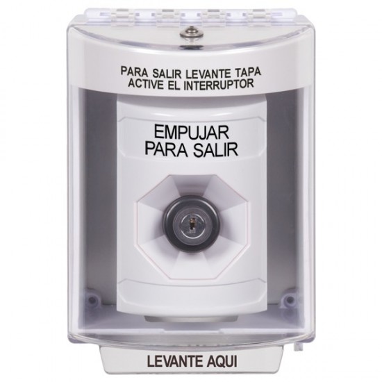 SS2383PX-ES STI White Indoor/Outdoor Surface w/ Horn Key-to-Activate Stopper Station with PUSH TO EXIT Label Spanish